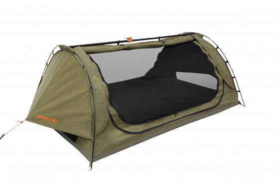 Green | Darche Dusk to Dawn 900 Swag. Angled side view of complete set up with canvas rolled up and mesh zipped