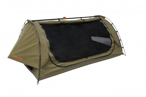 Green | Darche Dusk to Dawn 900 Swag. Side with mesh zipped up and canvas rolled up