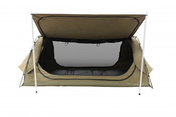 Green | Darche Dusk to Dawn 900 Swag. Direct side view with awning out on poles and mesh zipped up on both sides