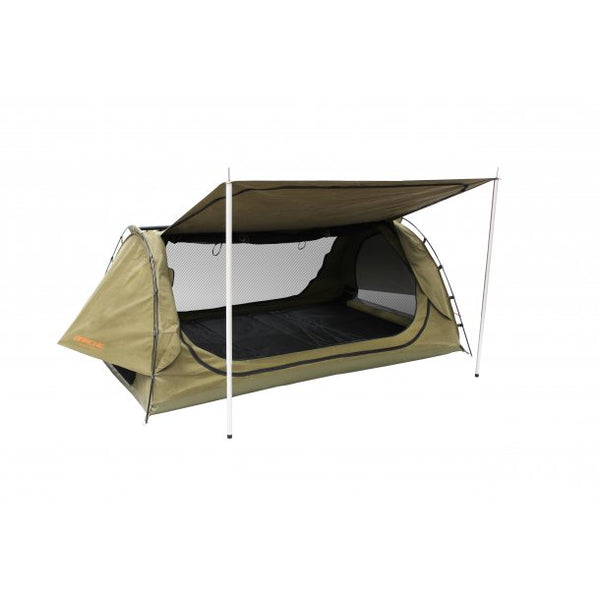 Green | Angled side view to show end ventilation flap with awning poles holding out side canvas