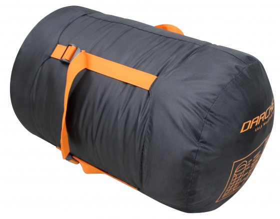 Black / Orange | Sleeping bag in compression bag showing straps 