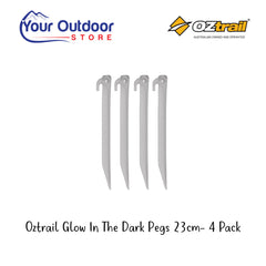 Oztrail Glow In The Dark Tent Pegs 23cm. Hero image with title and logos
