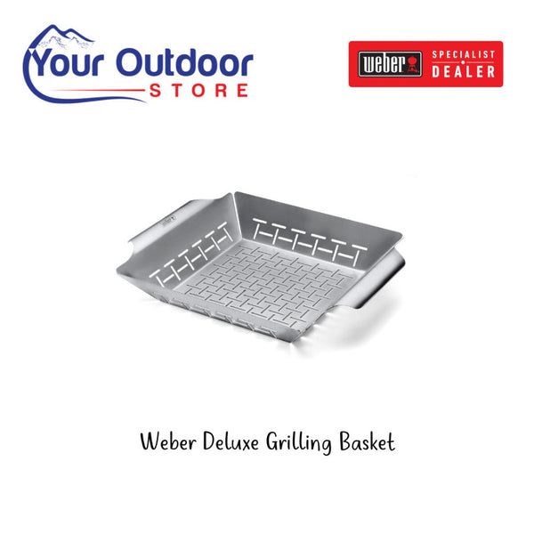 Weber Deluxe Grilling Basket. Hero image with title and logos