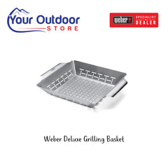 Weber Deluxe Grilling Basket. Hero image with title and logos