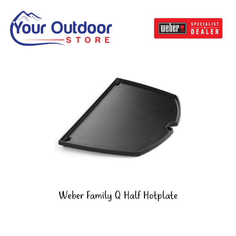 Black | Weber Family Q Half Hotplate. Hero image with title and logos