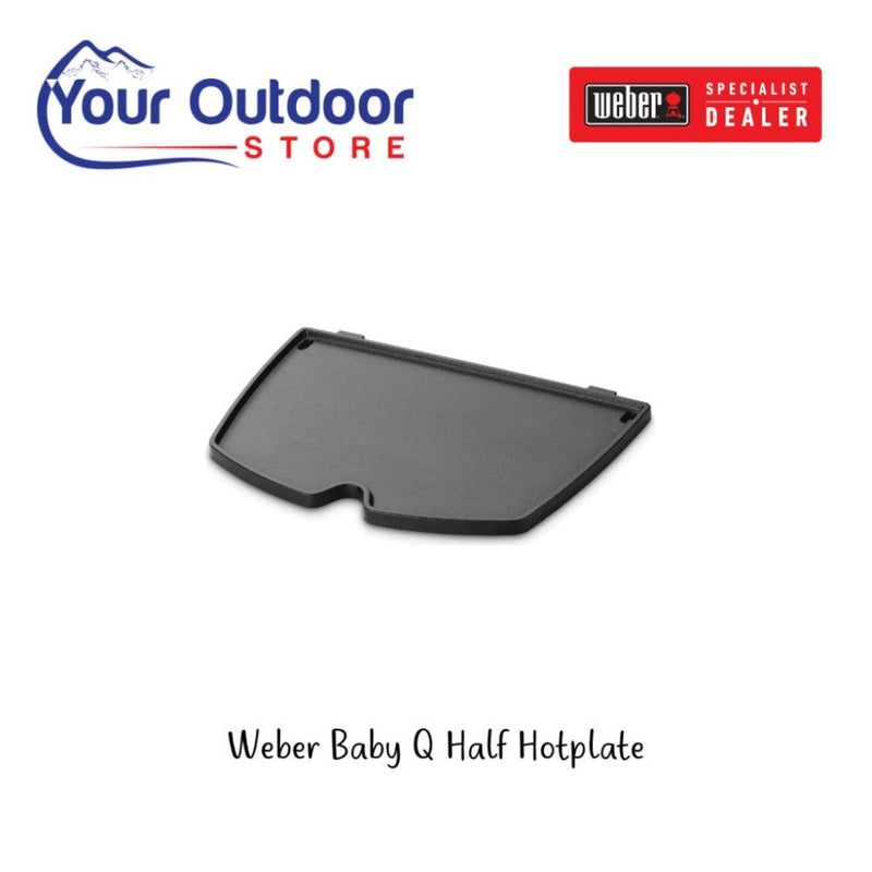 Black | Weber Baby Q Half Hotplate. Hero image showing logos and title