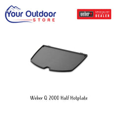 Black | Weber Q 2000 Half Hotplate. Hero image with title and logos