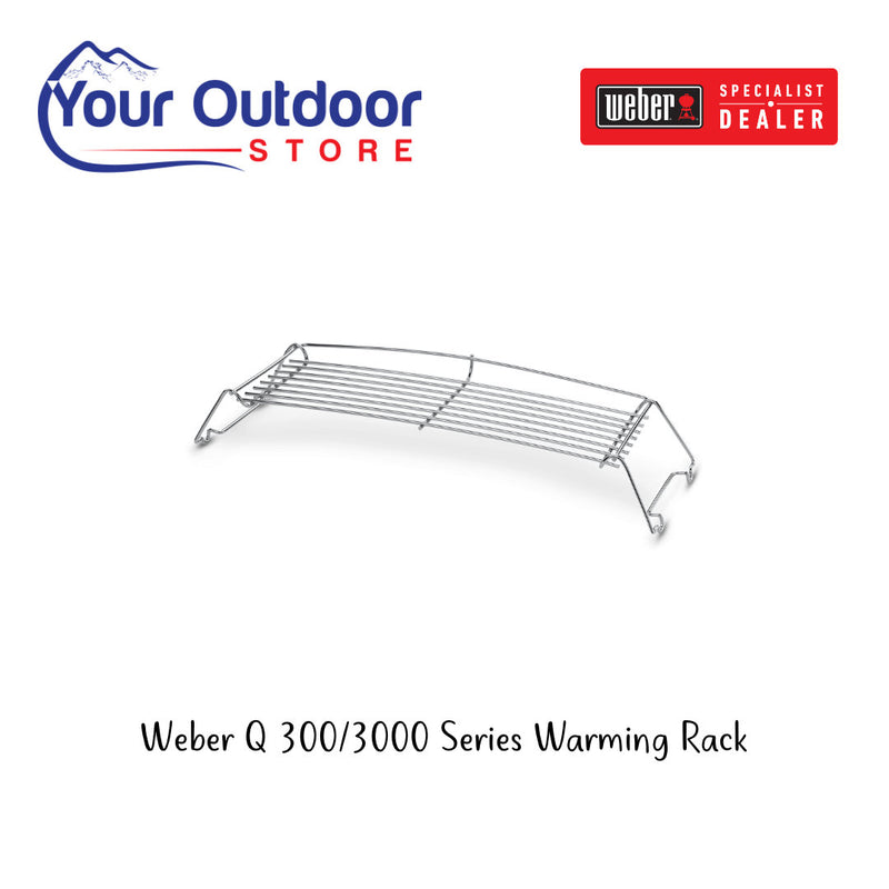Silver | Weber Q 300/3000 Series Warming Rack. Hero image with logos and title