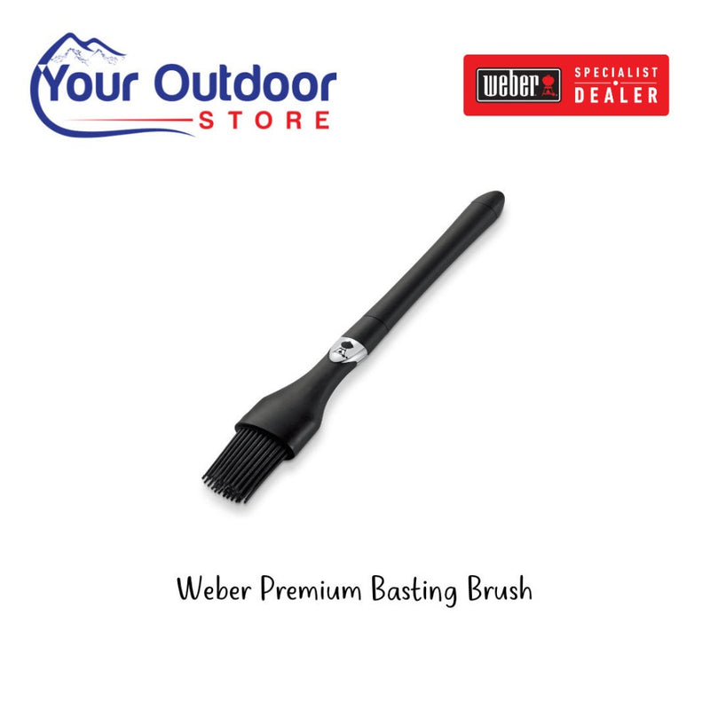Black | Weber Premium Basting Brush. Hero Image with logos and title