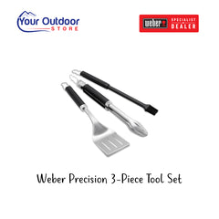 Weber Precision Three Piece Grill Tool Set. Hero image with title and logos