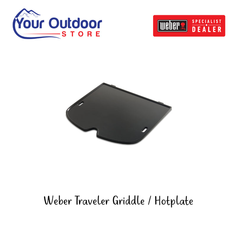 Weber Traveler Griddle/Hotplate. Main image with title and logos.