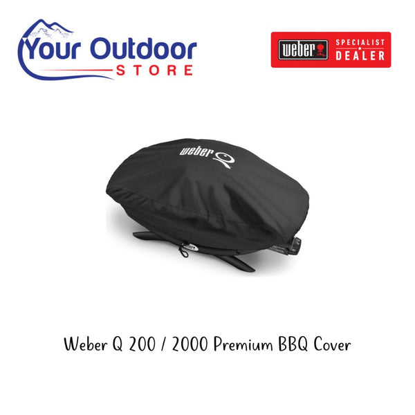 Black | Weber Q 200 / 2000 Series Premium Barbecue Cover. Hero image with title and logos