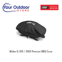 Black | Weber Q 200 / 2000 Series Premium Barbecue Cover. Hero image with title and logos