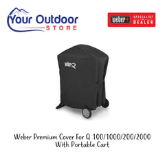 Black | Weber Premium Cover For Q 100/1000/200/2000  With Portable Cart. Hero image with title and logo