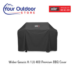 Weber Genesis II/LX 400 Premium Barbecue Cover. Hero image with title and logos