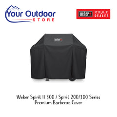 Black | Weber Spirit II 300 / Spirit 200/300 Series Premium Barbecue Cover. Hero image with title and logos