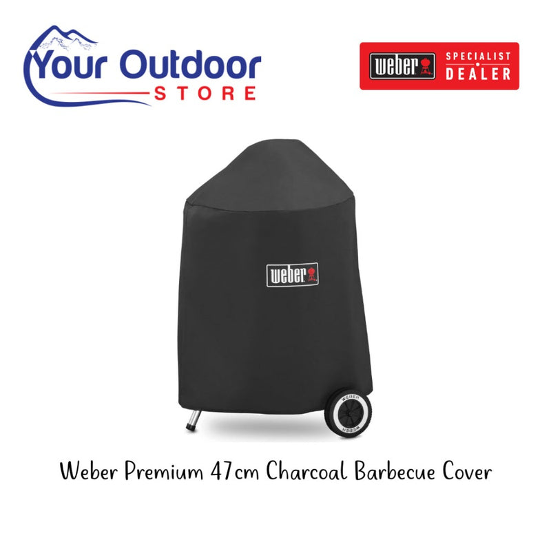Weber 47cm Charcoal Barbecue Premium Cover. Hero Image with logos