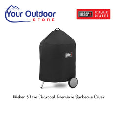Weber 57 cm Premium Barbecue Cover. Hero image with title and logos