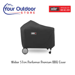 Weber 57cm Performer Premium BBQ Cover. Hero image with title and logos