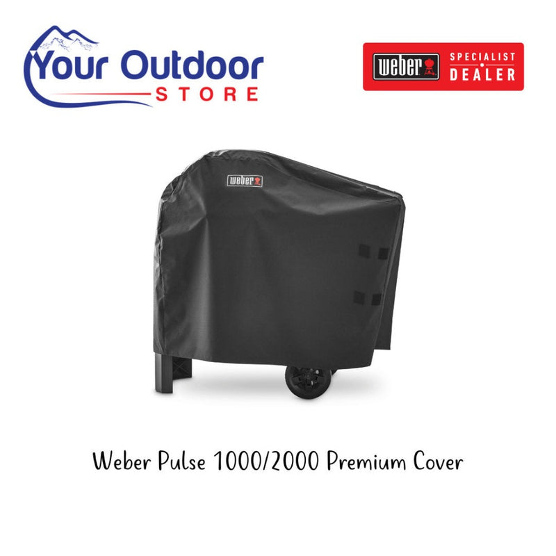 Black | Weber Pulse 1000/2000 Series Premium Cover. Hero image with title and logos
