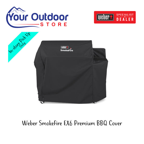 Black | Weber SmokeFire EX6 Premium Barbecue Cover. Hero image with title and logos