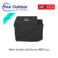 Black | Weber SmokeFire EX6 Premium Barbecue Cover. Hero image with title and logos