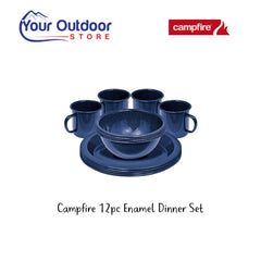 Campfire 12pc Enamel Dinner Set. Hero image with title and logos