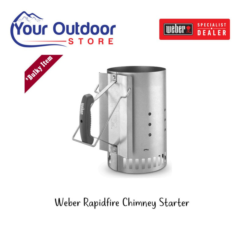 Silver | Weber Rapidfire Chimney Starter. Hero image with title and logos