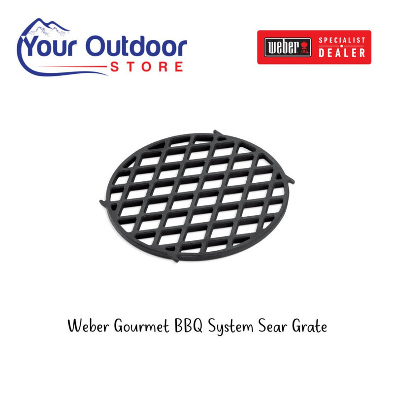 Weber Gourmet BBQ System Sear Grate. Hero image with title and logos
