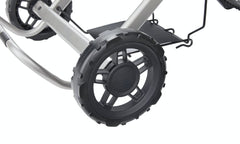 Black | Close up of cart wheels.