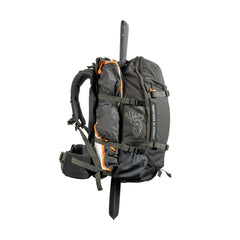 Black | Hunters Element Arete Bag Frame Side View, Shown Attached to Arete Stone Green Bag.