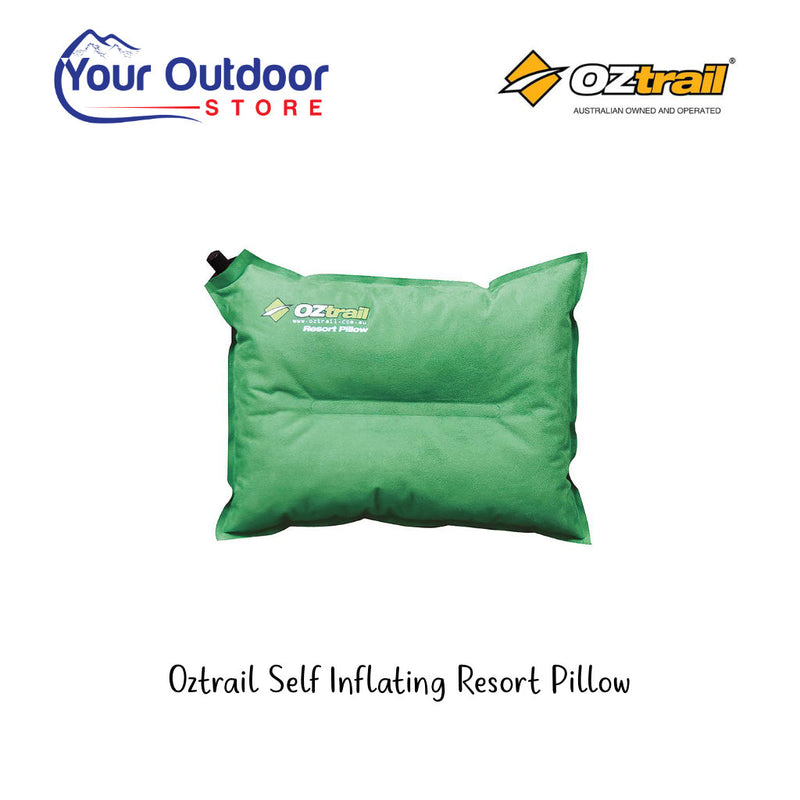 Oztrail Self Inflating Resort Pillow. Hero image with title and logos