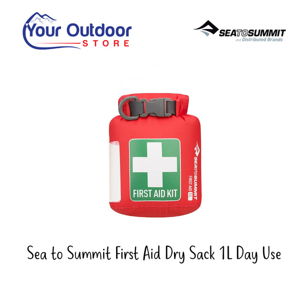Sea To Summit First Aid Dry Sack 1L Day Use. Hero Image Showing Logos and Title.