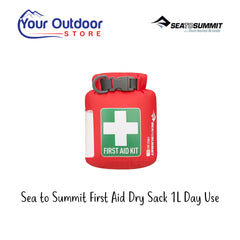 Sea To Summit First Aid Dry Sack 1L Day Use. Hero Image Showing Logos and Title.