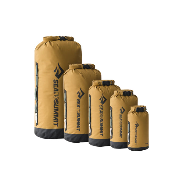 Sea to Summit Big River Dry Bags Shown in 5 Different Sizes.  