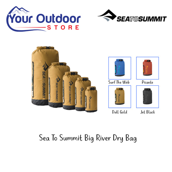 Sea to Summit Big River Dry Bag | Hero Image Showing Colour Variants, Logos and Title. 