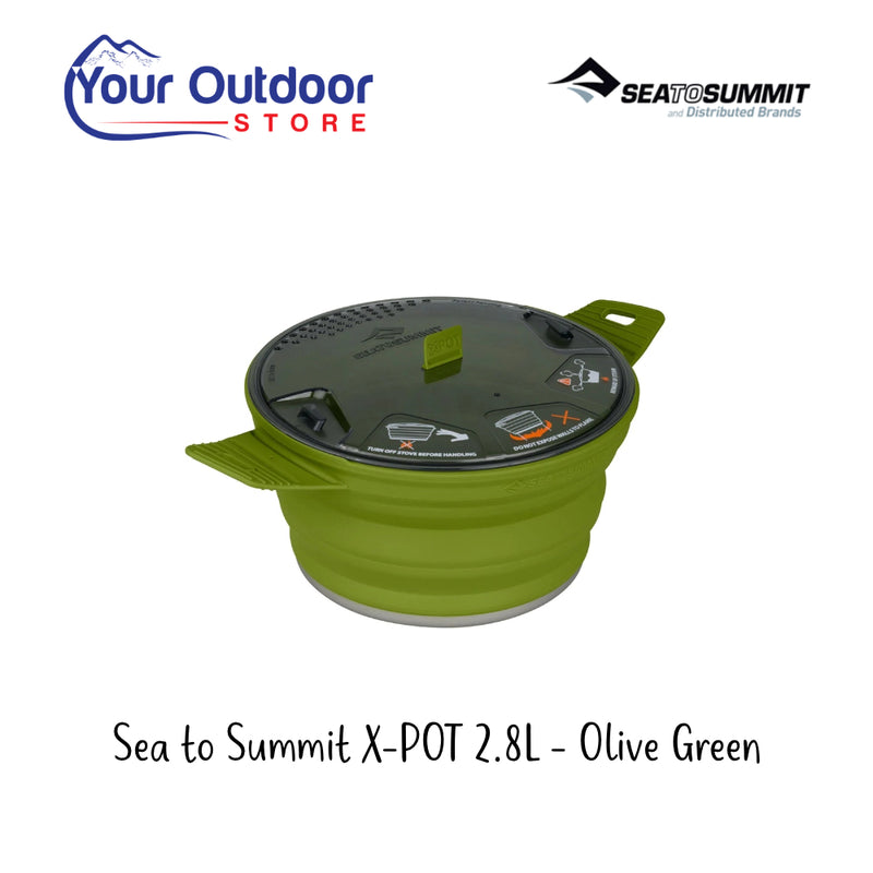 Sea To Summit X-Pot 2.8L - Olive Green. Hero Image Showing Logos and Title.