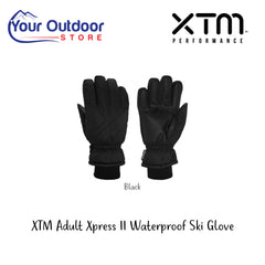 XTM Adult Xpress II waterproof ski glove. Hero with title and logos