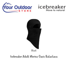 Black | Icebreaker Adult Merino Oasis Balaclava. Hero Image Showing Logos and Title. 