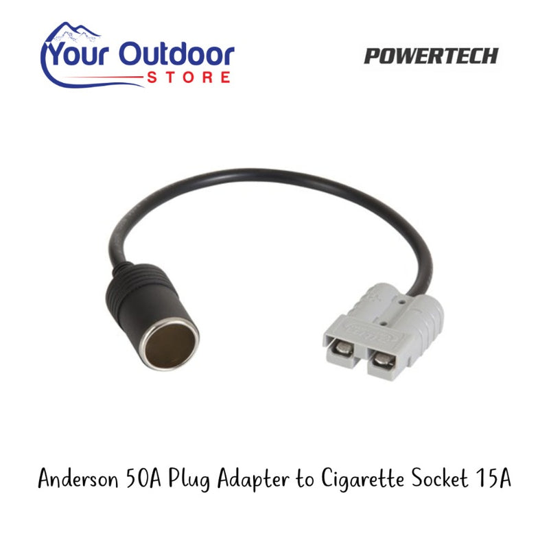 Anderson 50A Plug adaptor to cigarette socket 15A. Hero image with title and logos