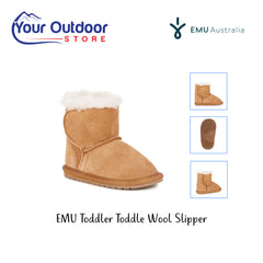 Emu Toddle Toddler slipper. Hero image with title and logos