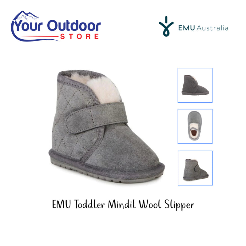 Emu Mindil Toddler Wool Slipper. Hero image with title and logos