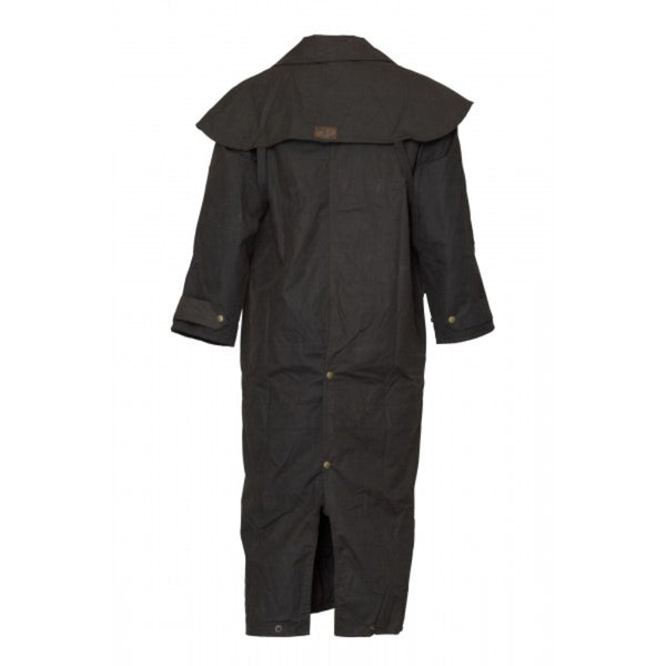 Brown | Burke & Wills Balranald Full Length Oilskin Coat. Back View. Your Outdoor Store