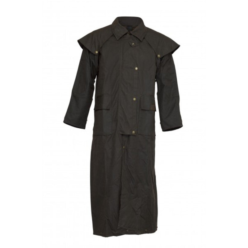 Brown | Burke & Wills Balranald Full Length Oilskin Coat. Front View with Buttons Closed. Your Outdoor Store
