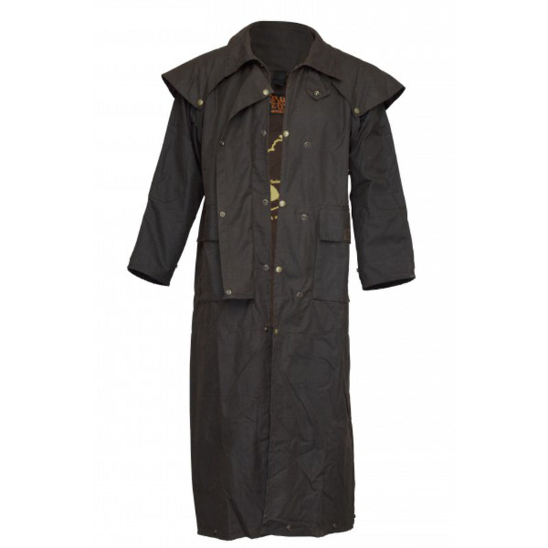 Brown | Burke & Wills Balranald Full Length Oilskin Coat.  Front View with Buttons open. Your Outdoor Store