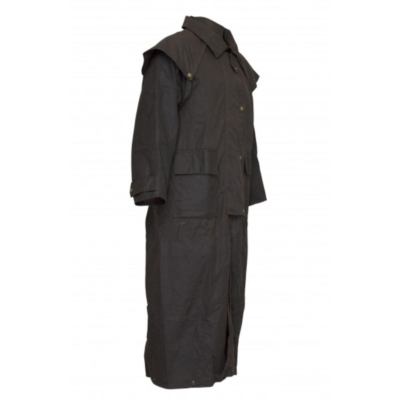 Brown | Burke & Wills Balranald Full Length Oilskin Coat. Front/Side View with Buttons Closed. Your Outdoor Store