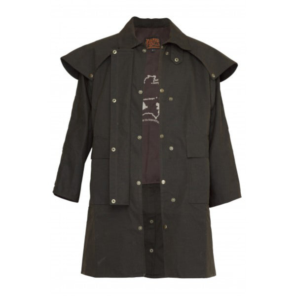 Brown | Burke & Wills Balranald 3 Quarter Length Coat. Front Oilskin View with Buttons open. Your Outdoor Store