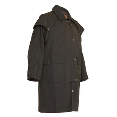 Brown | Burke & Wills Balranald 3 Quarter Length Coat. Brown. Front/side Oilskin View with Buttons closed. Your Outdoor Store