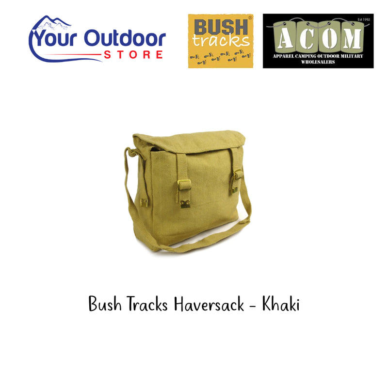 Bush Tracks Haversack - Khaki. Hero Image Showing Logos and Title. 