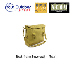 Bush Tracks Haversack - Khaki. Hero Image Showing Logos and Title. 